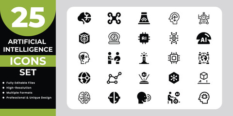 Artificial Intelligence Icons Set with Brains and Circuits