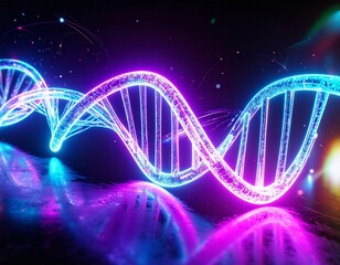 A vibrant, glowing neon DNA double helix structure with a futuristic, digital aesthetic, reflecting on a glossy surface.