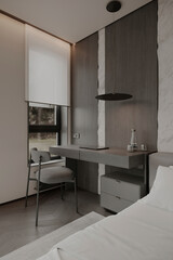Contemporary bedroom workspace with built-in desk, designer chair, and bedside drawers in elegant muted tones.