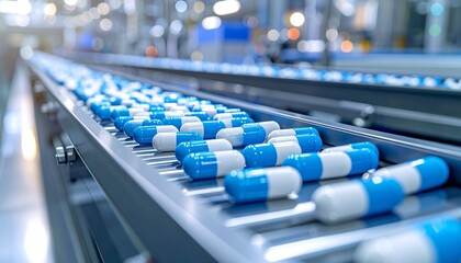 Obraz premium A pharmaceutical conveyor belt carries blue, white, and red capsules through a busy facility—workers in blue uniforms and blurred machinery evoke industrial precision and the rhythm of medical innovat