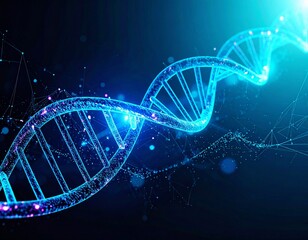 Futuristic digital illustration of a glowing blue DNA double helix structure on a dark background.
