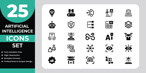 AI Icons Set with Robots, Drones, and Data Symbols