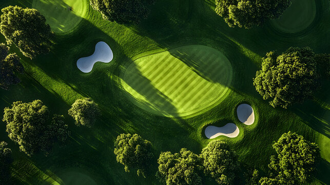 Aerial View of a Pristine Golf Course Hole with Sand Traps and Lush Green Fairway.