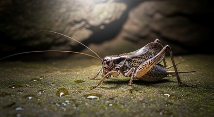 Closeup of a large dark cricket on ground.