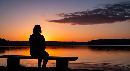 Fototapeta premium Woman Sitting Dark Silhouette on Bench at Vibrant Orange Sunset Lake View