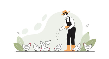Farmhand Feeding Chickens: A Simple Illustration Of Rural Life And Poultry Farming