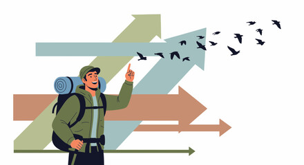 Exploring New Directions: A Hiker Inspires, Birds Ascend, and Arrows Guide the Path Forward