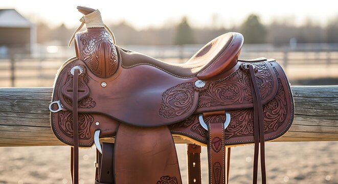 Brown Leather Western Saddle on Wooden Fence.