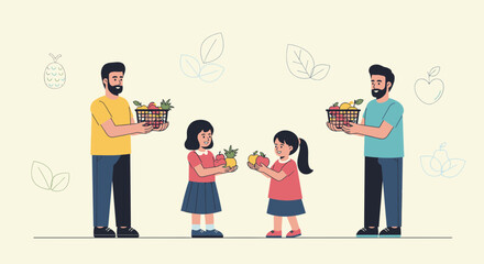Father And Daughters Presenting Healthy Fruits Filled Baskets, Illustrative Drawing