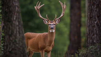 Fototapeta premium Majestic Buck with Antlers in Natural Forest Setting