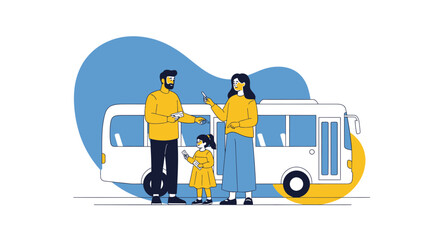 Family Boarding Bus For Traveling Journey Representing Commuting And Transporting