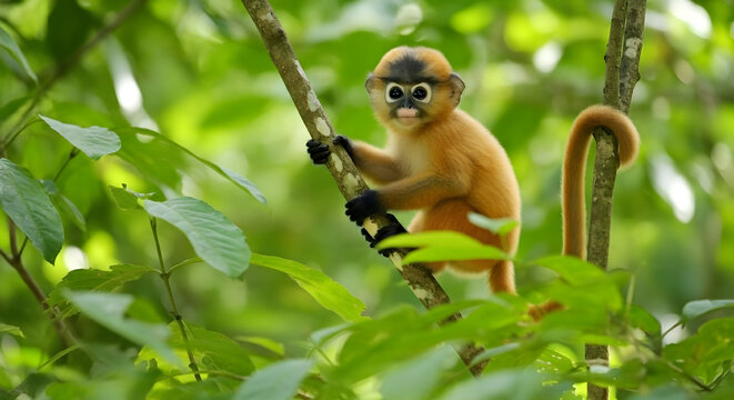 Cute Juvenile Monkey Climbing on Tree Branch in Jungle Habitat - Powered by Adobe