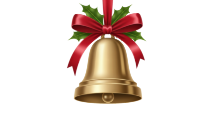 Isolated golden Christmas bell decoration with red ribbon and holly leaves for holidays