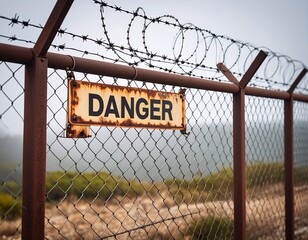 Rusty fence with barbed wire and a danger sign