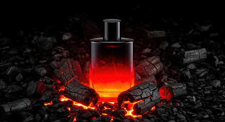 Intense and mysterious perfume bottle glowing with red light on a bed of hot charcoal embers.