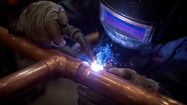 A man is welding a copper pipe - Powered by Adobe