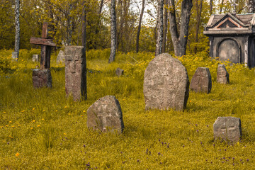 Old stone crosses and crypt at the ancient cemetery. Abandoned graveyard