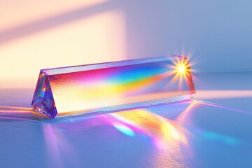 A rectangular prism refracts light into a rainbow spectrum, creating a vibrant display of colors and reflections.