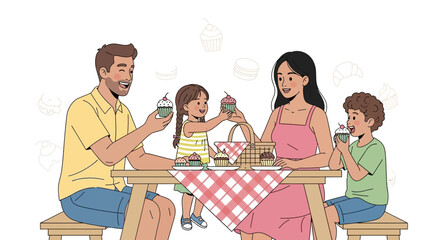 Family Enjoying Cupcakes During A Cheerful Picnic Outdoors Celebrations Together