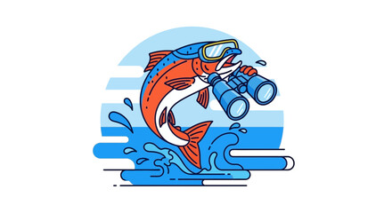 Fototapeta premium Fish With Binoculars, Observing Underwater World With Goggles Illustration