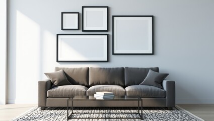 Modern living room with comfortable sofa and blank framed artwork on wall