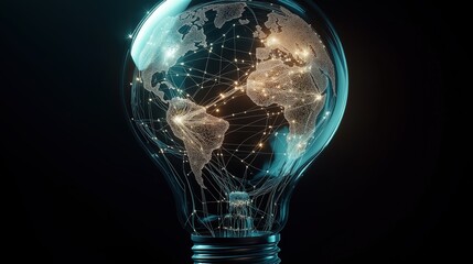 A hyper-realistic futuristic light bulb encapsulates a glowing globe interwoven with an electric power network—symbolizing global energy connectivity and innovation.
