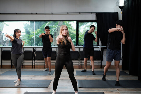 Female punching in aerobics fitness high intense fitness class coed unisex group lifestyle