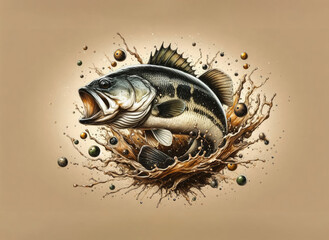 Striking largemouth bass erupting with bubble splash on beige background. Great for dynamic fishing designs, angler tees, highlighting wild motion