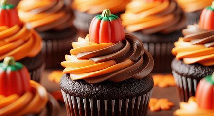 Close-up of a festive chocolate Halloween cupcake with swirled orange and brown frosting and a candy pumpkin topper.