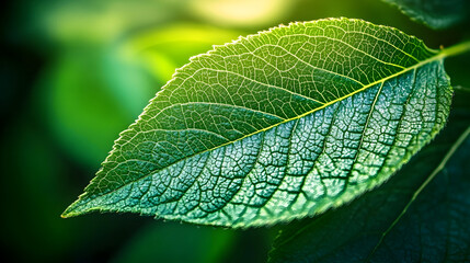 Fototapeta premium Close-up of a vibrant green leaf with intricate vein patterns, illuminated by natural light, showcasing the beauty of nature.