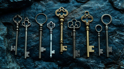Collection of antique skeleton keys arranged on a textured dark background.