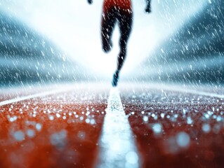 A runner sprints on a wet track, droplets glistening, capturing the intensity and motion amidst a blurred, rainy backdrop.