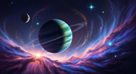 Cosmic Symphony A Whimsical Dance of Planets, Rings, and Nebulae in the Vast Expanse of Space