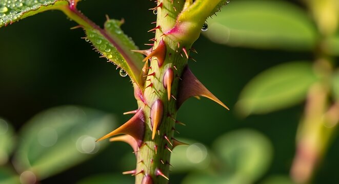Closeup of Rose Stem with Thorns and Green Leaves.