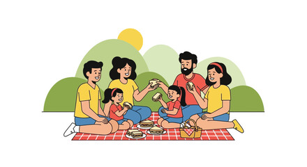 Family Picnic Afternoon With Sun And Green Hills Sharing Sandwiches, Happy Together