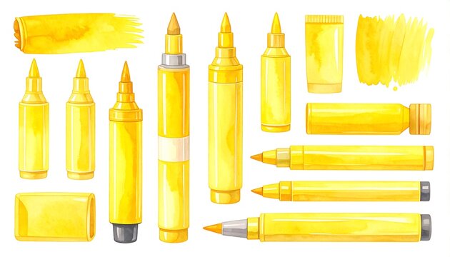 Watercolor illustration of yellow markers and tubes