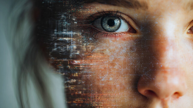 Cybernetic Eye A Fusion of Humanity and Technology. A woman's eye with a digital overlay, symbolizing the intersection of human and artificial intelligence Image blends the organic with technological.