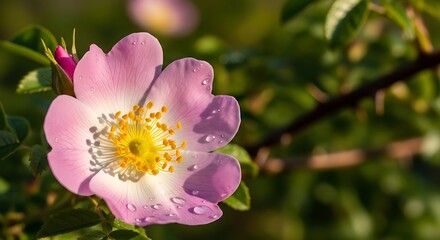 Fototapeta premium Closeup of a Pink Dog Rose Flower with Dew Drops.