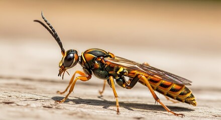 Closeup of a Yellow Jacket Wasp on Wood.