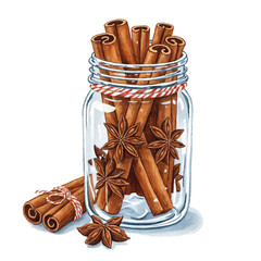 Cinnamon sticks and star anise in glass jar watercolor