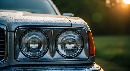 Fototapeta premium Classic car headlights and grille glistening with water droplets in warm golden hour light. Vintage vehicle front reflecting a serene sunset glow, ...