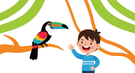 Friendly Boy Waves Hello at a Colorful Toucan Perched on a Branch