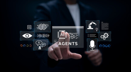 Artificial intelligence agents concept with digital icons showing AI automation, machine learning, robotics and virtual assistant technology for innovation and business solutions