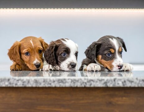 Three adorable puppies on a countertop