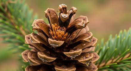Closeup of a pine cone on a branch.