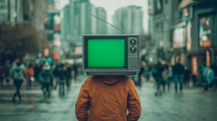 man with an old TV head with a green screen in the middle of the street