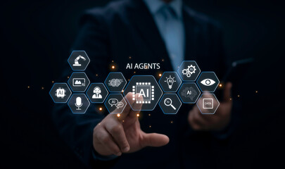 Businessman touching virtual interface with AI agents icons and futuristic technology concept, innovation in artificial intelligence automation and digital transformation for business solutions