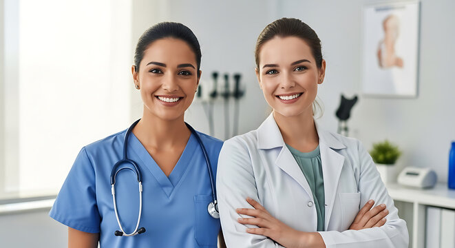 Friendly nurse and doctor smiling confidently in modern hospital providing patient care and medical expertise, building trust and hope for a healthier future