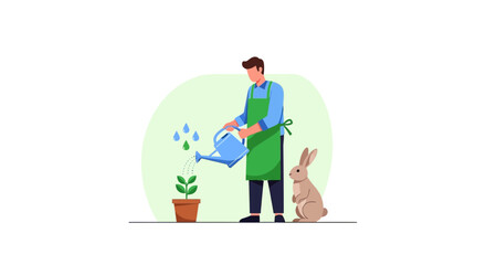 Gardener Watering Plant With Rabbit Watching, Peaceful Scene of Nature And Cultivation