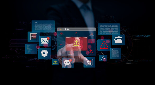 Cybersecurity concept showing system hacked alert with digital warnings, data breach risk and AI technology threats, representing online security danger and data protection issues - Powered by Adobe